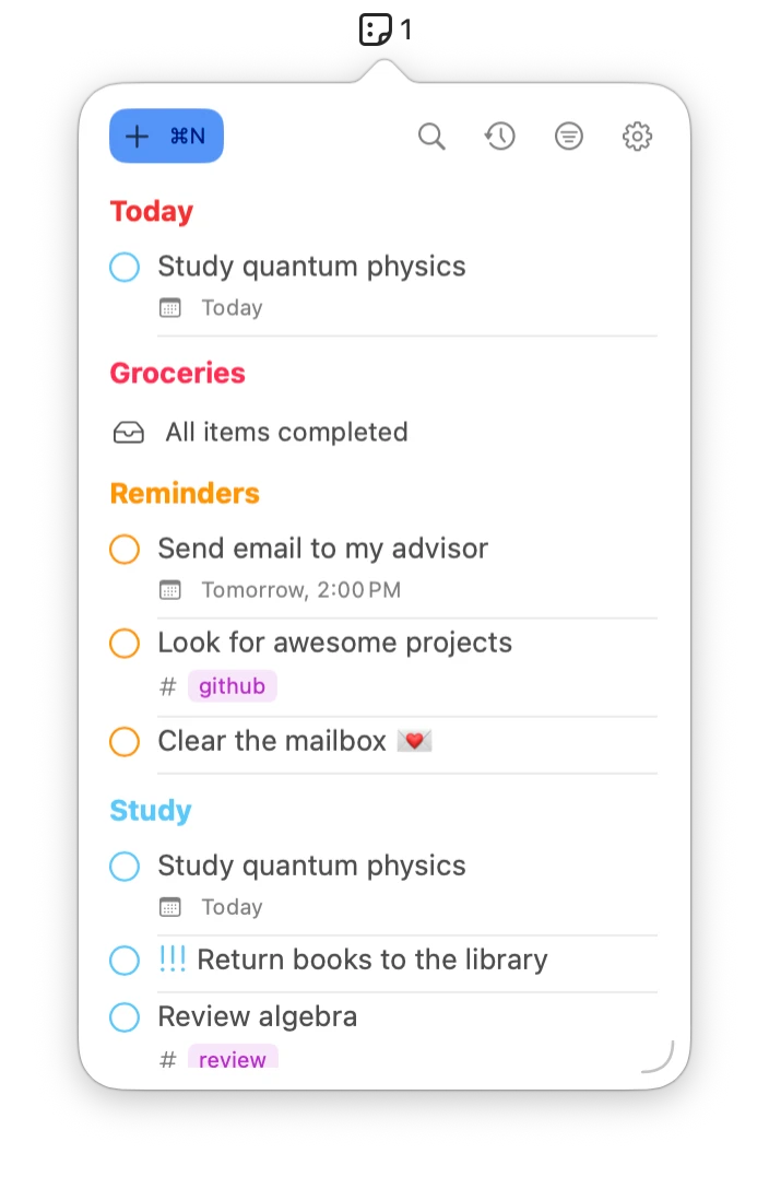 Reminders MenuBar screenshot 1