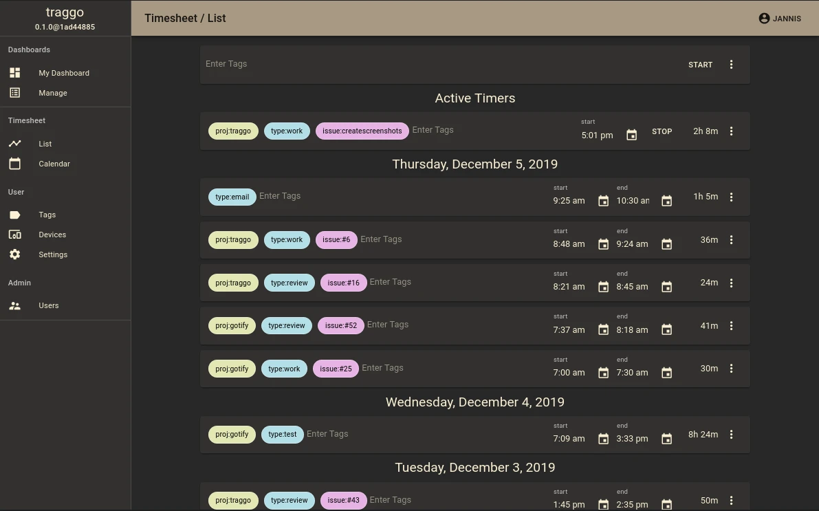 Traggo screenshot 1