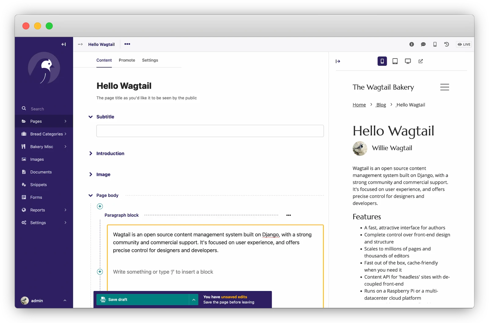 Wagtail screenshot 1
